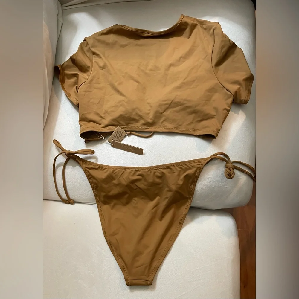 NWT 2pc Skim Swimsuit Rushed T-Shirt & Bikini String Tie Bottoms Almond Size 2X